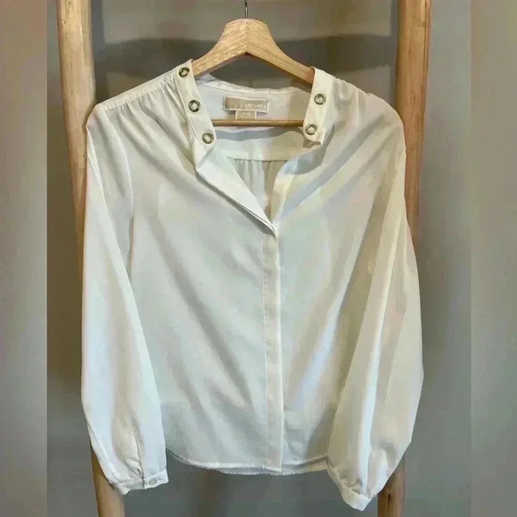 Michael Kors Button Down Designer Shirt Top Petite Med soft white gold grommets - Picture 1 of 7